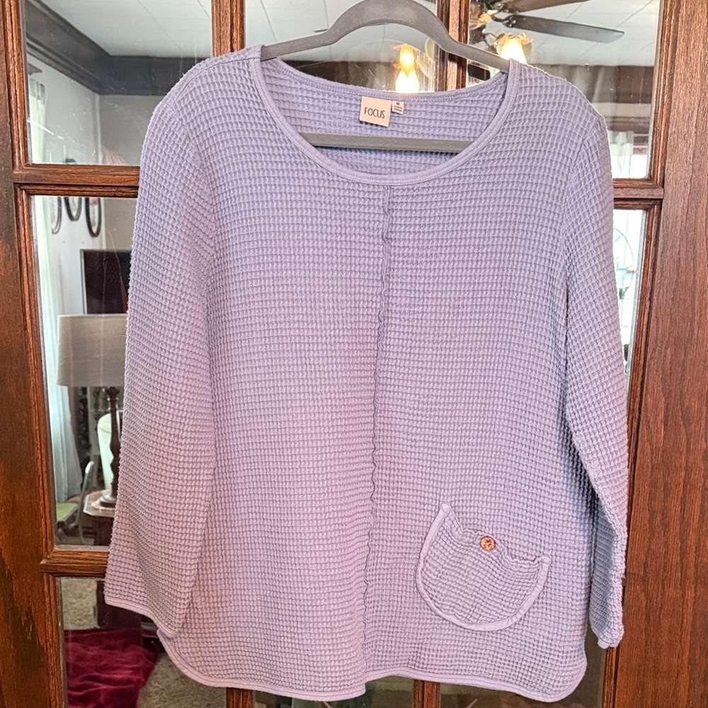 FOCUS Women Lavender Purple‎ Waffle Knit Scoop Neck Pocket Top Size M